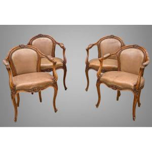 Suite Of 4 Louis XV Style Carved Walnut Armchairs Upholstered In Leather