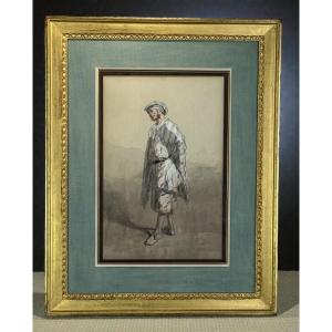 Signed Watercolor Drawing Under Glass By Paul Gavarni 1804/1866