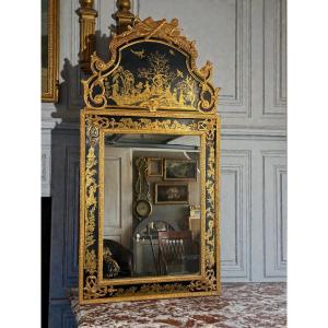 Painted And Gilded Wooden Mirror With Chinese Decor In The Regency Style From The 70s