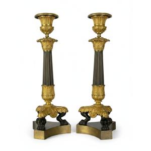 Pair Of Empire Style Torches In Patinated And Gilded Bronze (mercury Gilding)