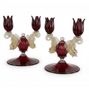 Pair Of Murano Ruby Glass Candlesticks From The 50s