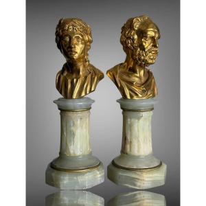 Pair Of Golden Bronze Philosophes On Onyx Soces From The 19th Century