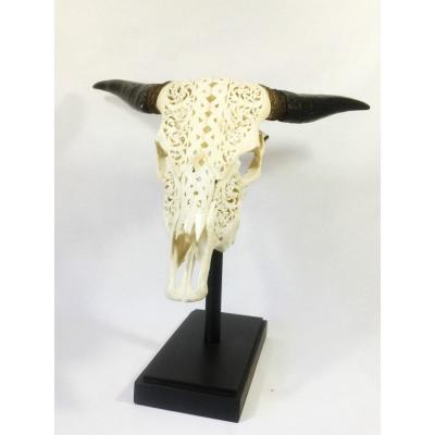 Large Buffalo Head "massacre" Bone On Base / Or Wall