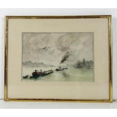 "signed" Watercolor Of The XXth Framed In Glass Representing "the Seine In Paris"