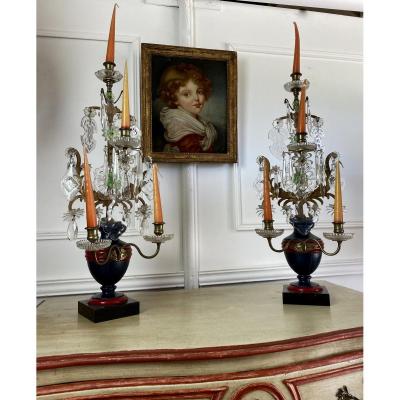 Pair Of Girandoles End Eighteenth Bronze And Tassels On Wooden Base (repainted) 72 Cm