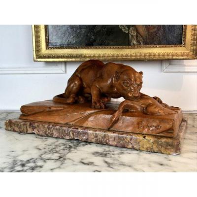 "sculpture En Terre Cuite De "lÉo Amaury " ReprÉsentant Une Lionne Des AnnÉes 30"