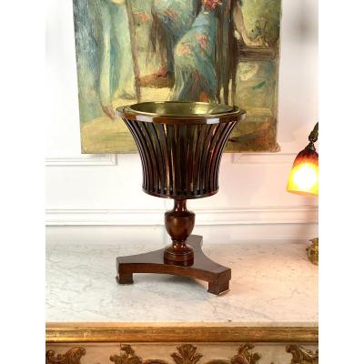 Georgian Jardiniere From 1820 Mahogany / Brass With Slats In The Shape Of A Vase