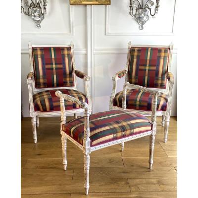 Pair Of Louis XVI Style White Lacquered Wood Armchairs And Bench