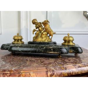 Marble And Gold Bronze Ink Putto And Goat Decoration Signed "museum Of Sevres"