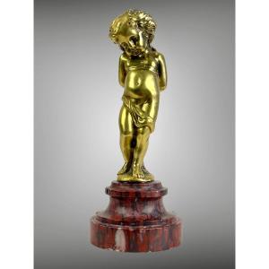19th Century Gilt Bronze Cherub Mounted On Cherry Marble Base 12 Cm High