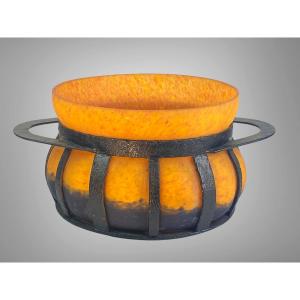 Orange Glass Pate Cup Art Deco Period With Forged Iron Handle Mount