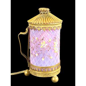 Early 20th Century Night Light In Brass And Cylindrical Enameled Glass With Mistletoe Decor