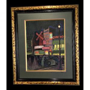 Painting Signed On Cardboard Under Glass From The 1900s "paris Le Moulin Rouge"