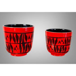 Two Red And Black Ceramic Pot Caches Signed "elchinder" From The 70s