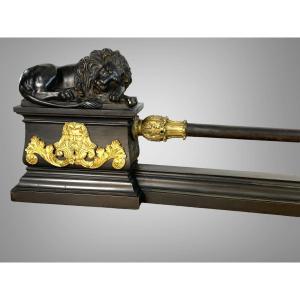 Antique Fireplace Bar Decorated With Lions In Patinated And Gilded Bronze From The Nineteenth Century