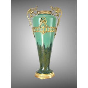 1900s Ceramic Vase With Bronze Mount In Louis XVI Style