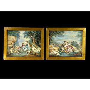 Pair Of Watercolors On Monogrammed Pen "scene Pastorales" From The 19th C.