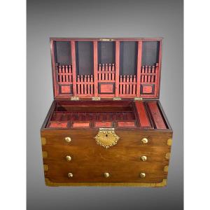 Old Balinese Chest In Teak With Handles And Several Compartments In Red Lacquered Wood