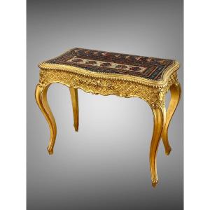 Console / Table In Gilded And Carved Wood With A Tapestry On The Tray