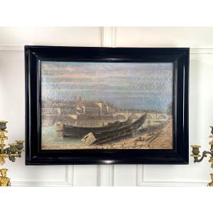 Painting / Oil From The 18th French School "paris Edge Of The Seine In The Middle Ages"