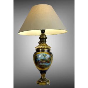 Nineteenth Lamp In Painted Earthenware From Sevres Decorated With Bronze Decorated With Characters