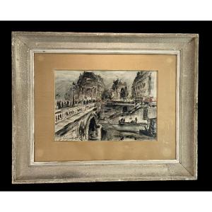 Drawing Under Glass Signed In Watercolor Pencil From 1936 (place St Michel In Paris)