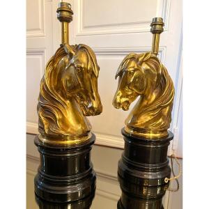 Pair Of Gilt Bronze Horse Head Lamps, Maison Jansen Attributed To