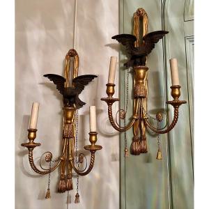 Pair Of Louis XVI Style Giltwood And Patinated Sconces