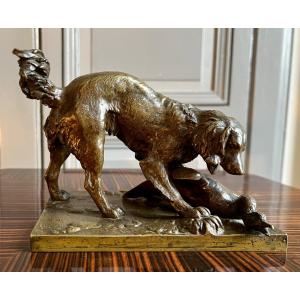 Barye Workshop - Lifetime Cast, Animalier Bronze “spaniel In A Hunting Stance On A Goose”  