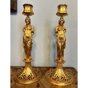 Barbedienne, Rare Pair Of Neo-greek Candlesticks In Gilt Bronze, Openwork With Caryatids