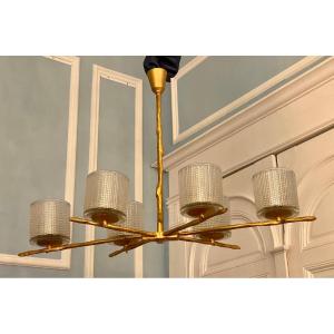 Felix Agostini X Maison Arlus, Rare Modern Chandelier In Gilded Bronze And Glass 