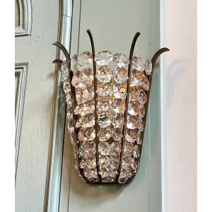 Pair Of Art Deco Wall Lights In Bronze With Cut Crystal
