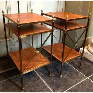 Maison Baguès, Pair Of Bronze And Cognac Leather Sofa Ends / Side Tables
