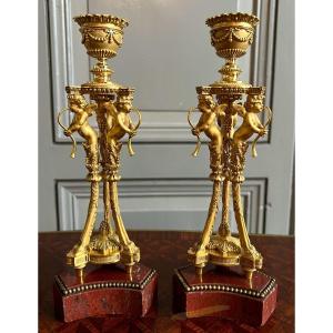 Pair Of Louis XVI Candlesticks En Gilded Bronze And Red Jasper