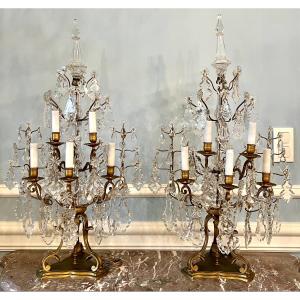 Pair Of Important Louis XV Style Girandoles In Gilt Bronze And Crystal