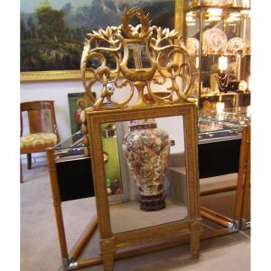 Large Mirror And Its Pediment In Golden Wood Louis XVI Period.