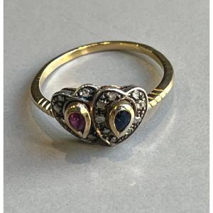 Antique Double Heart Sapphire, Ruby And Diamond Ring. 19th Century