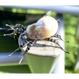 Spider Of Happiness Brooch - Pearl - Kyanite And Hematites - 925/1000 Silver - XX°