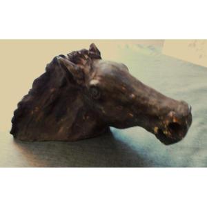 Horse's Head At A Gallot - Terracotta With Bronze Patina - Ph-j.darondeau - Retais Sculptor