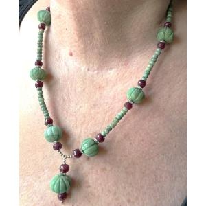 Cote De Melon & Ruby Emerald Cabochon Necklace - XX° 