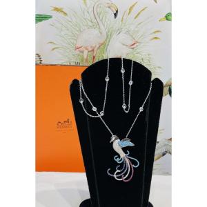 "bird Of Paradise" Pendant In 925 Silver And Stones With Its Chain - 20th Century