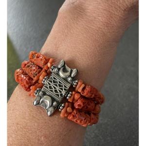 Coral Bracelet On 925 Silver - Early 20th Century.