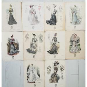 Lot Of 10 Fashion Engravings Signed A-souchel- Fashion Style - 1881-1909
