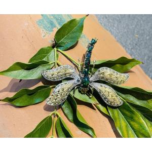 Dragonfly-shaped Pendant In 925 Silver - Sapphire & Black Opal - 20th Century