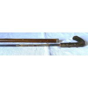 Cane Sword With Beautiful Blued And Gilded Blade - Horn Handle