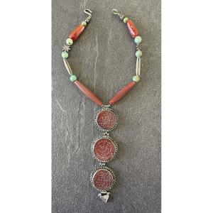 Ethnic Berber Long Necklace - Silver & Carnelian & Turquoise