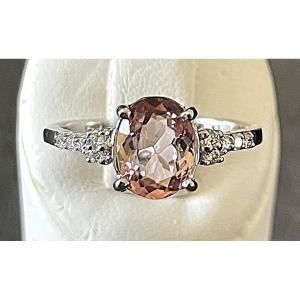 18 K Gold Ring - Numbered - Salmon Pink Tourmaline & Diamonds - Eagle-head Poincon - XX° Century