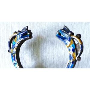 Ethnic Art Of The People " Yao " With Facing " Ryu " Dragon Heads Polychrome Enamel- XIX°