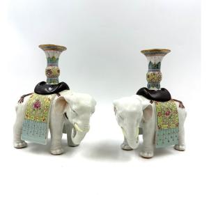Pair Of Elephant Candlesticks In Famille Rose Chinese Porcelain