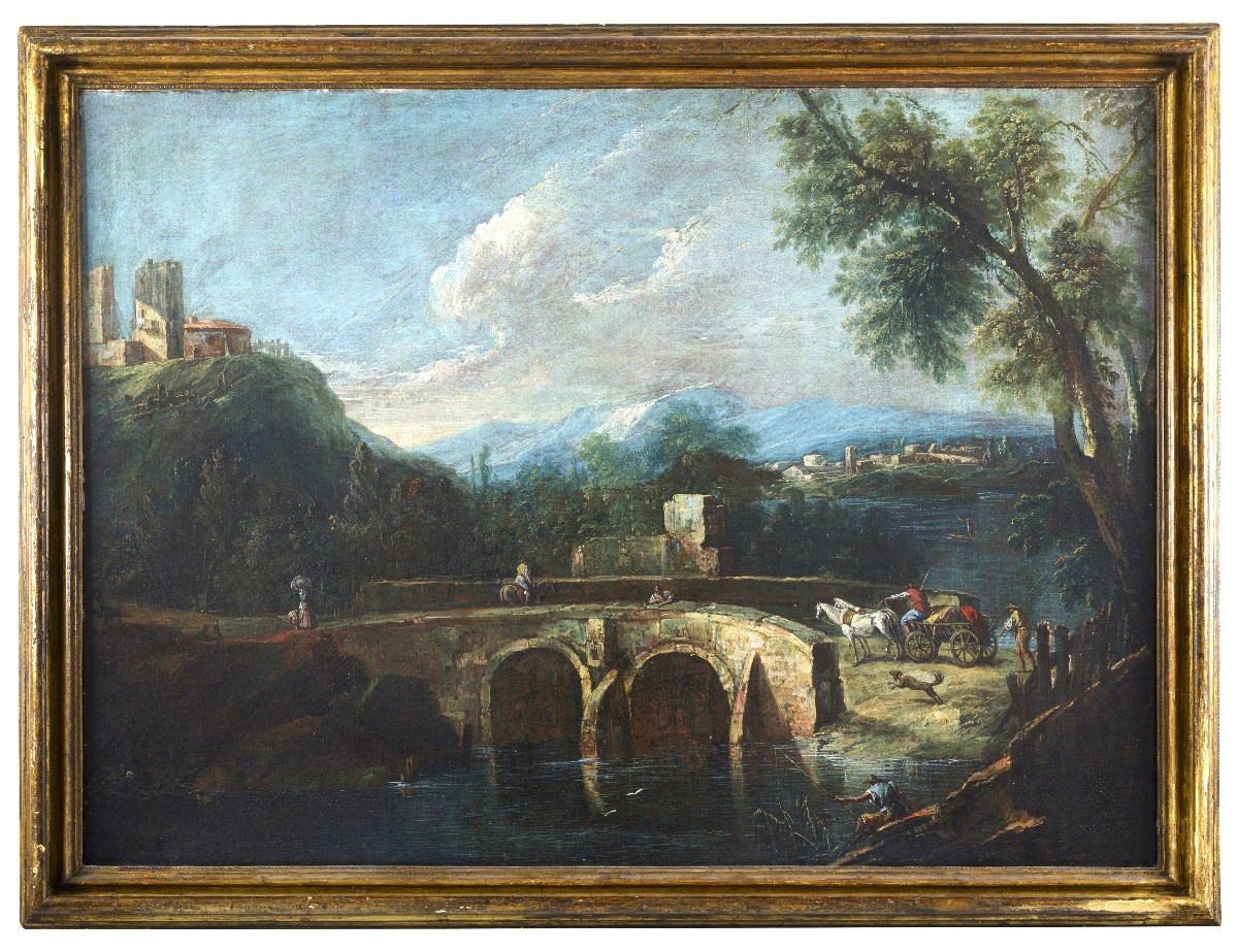 Paesaggio fluviale con carro e personaggi 
